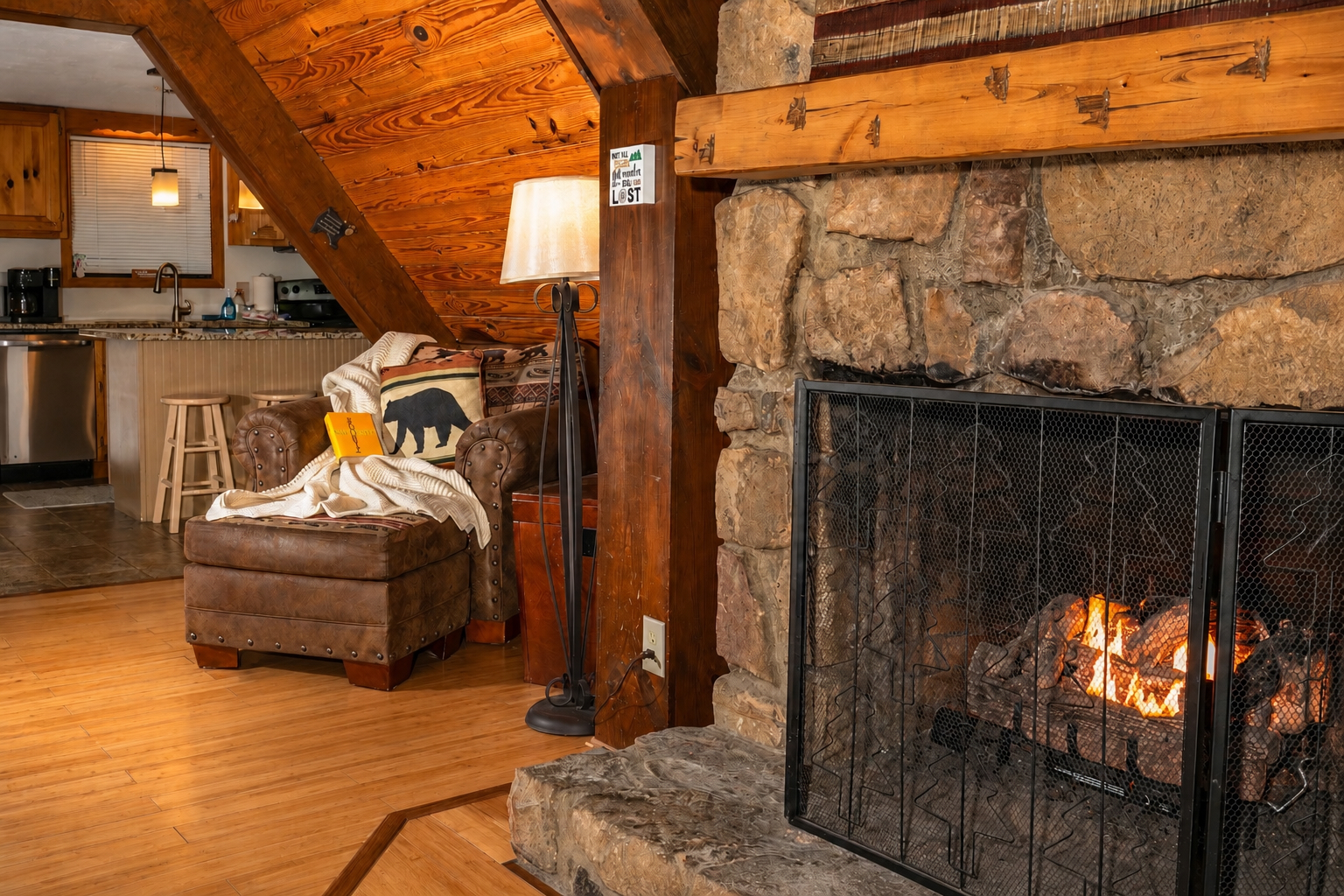 Gas fireplace and comfy chair in living room
