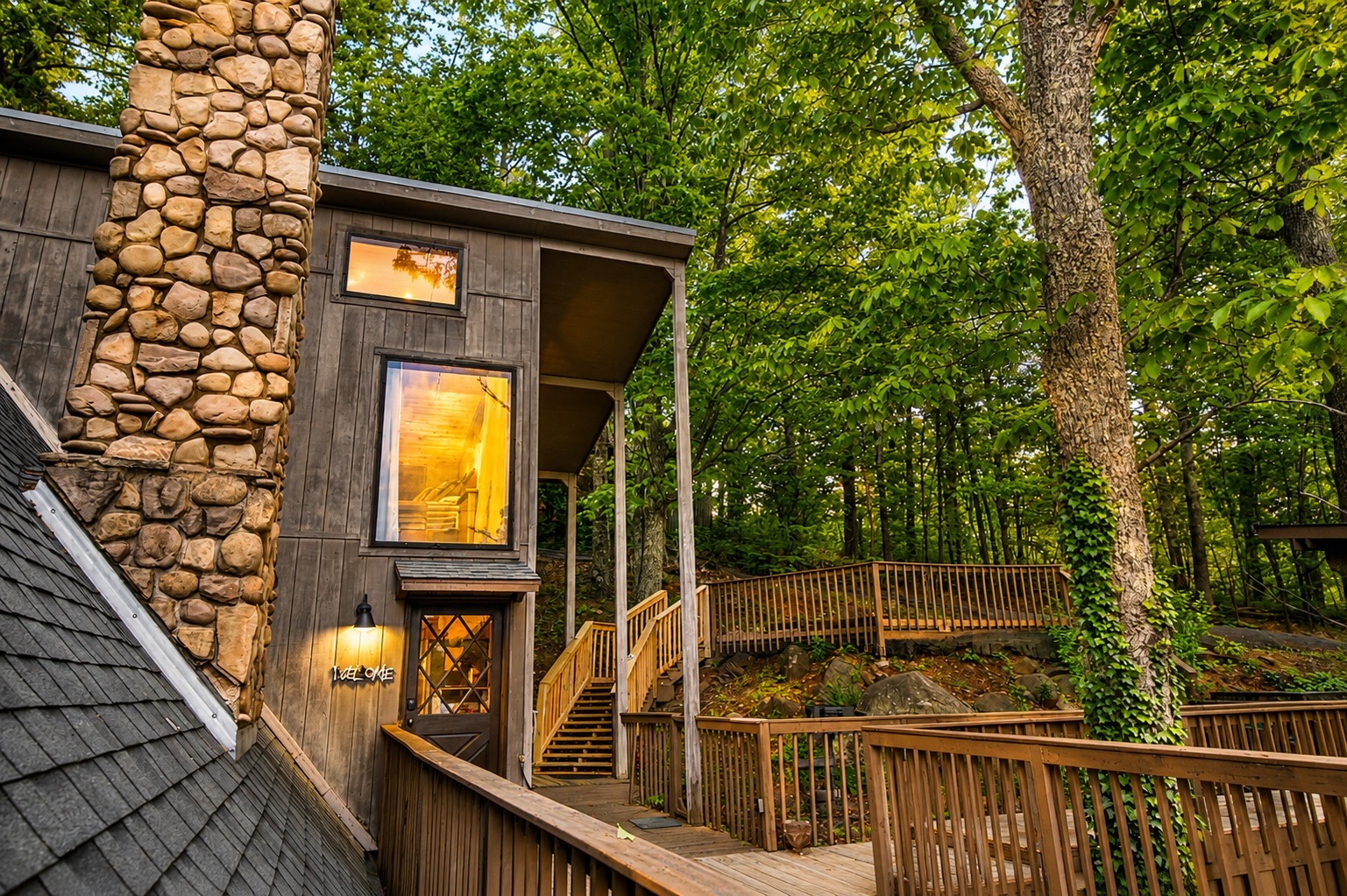 Cabin entry and walkways to parking
