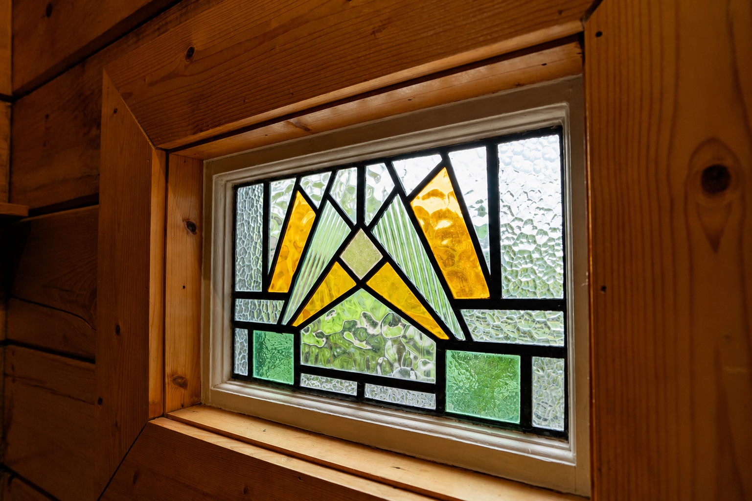 Five beautiful stained-glass windows add unique character and charm throughout the cabin.
