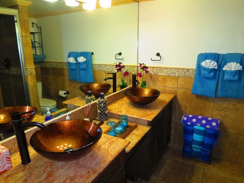Double vanity bathroom with shower