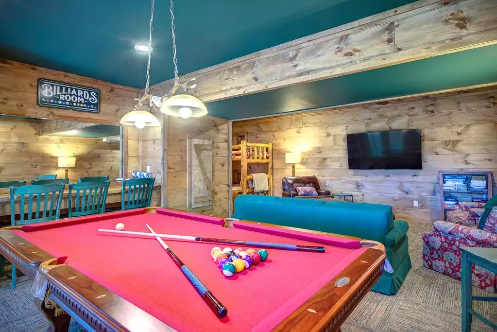 Basement game room with billiards/pool table. - Cozy Cabin + Mt View/River/Hot Tub/Pool Table - Boone