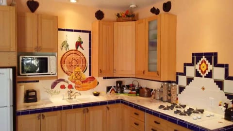 Handpainted tile throughout the kitchen