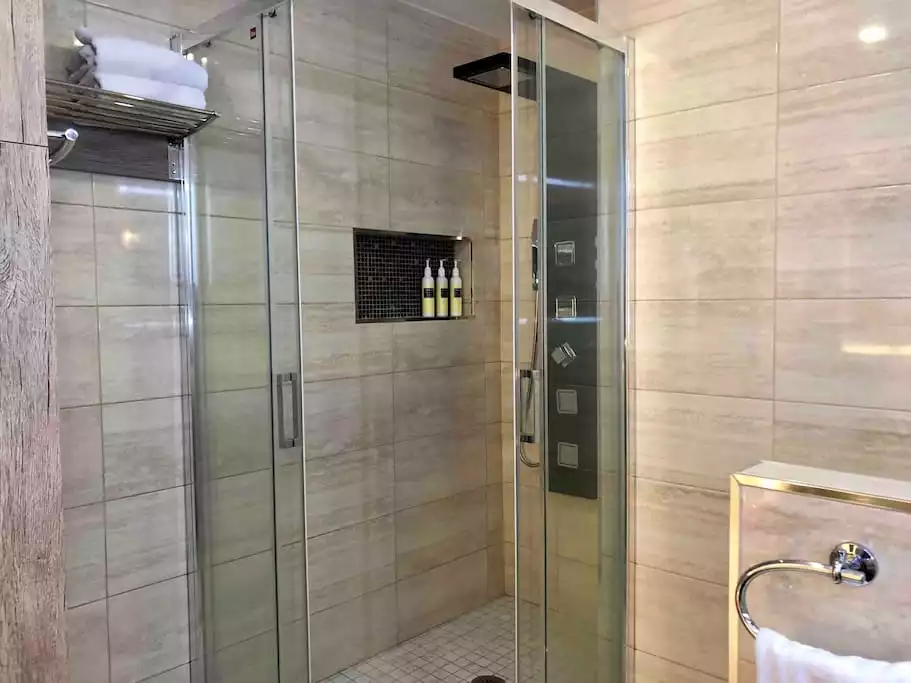 The glass-enclosed shower gives you plenty of room and light, while the massaging rain shower delivers water from all angles at good pressure!! - Luxury on the beach with a spectacular view - Patalavaca