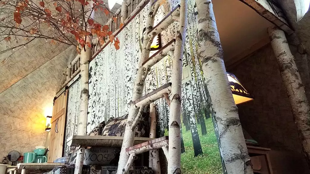 Birch ladder to the loft, star skylights, moon window, bed behind forest - Domeo - Romantic Magical Dome - Windham