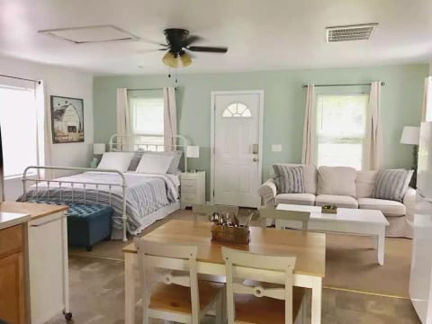 The house has a open concept. Guest can view the TV from the couch or the bed. WiFi and basic (30 channel) cable included.
