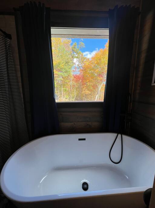 Upper cabin- bathtub picture window - CAPER Camp! 2 cabins on 3 acres. Sleeps 14! - Clayton