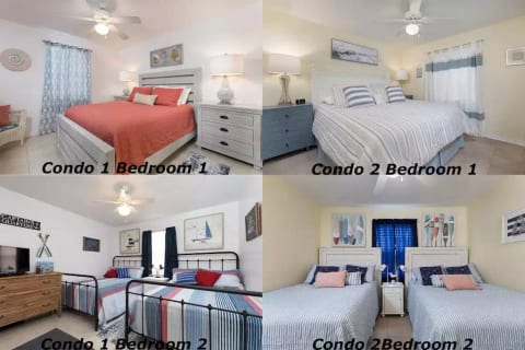 Condo 1 has an en suite bedroom w/ queen bed and bedroom with 2 full beds. Condo 2 has an en suite bedroom w/ king bed and bedroom with 2 full beds.