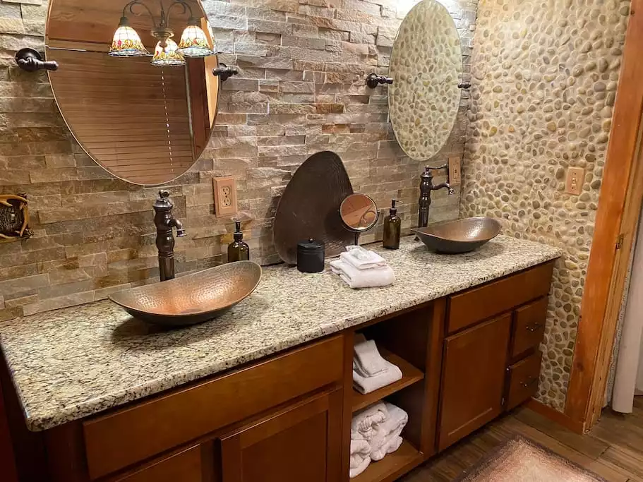 Master Bathroom double sinks- towels, shampoo, body wash and hair dryer - Lake Wallenpaupack Loghome  Heavens Haven hot tub  - Greentown