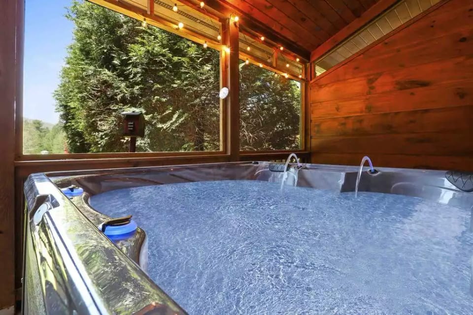 Relax in the brand new 7 person hot tub under the twinkle lights while you listen to the sounds of nature.