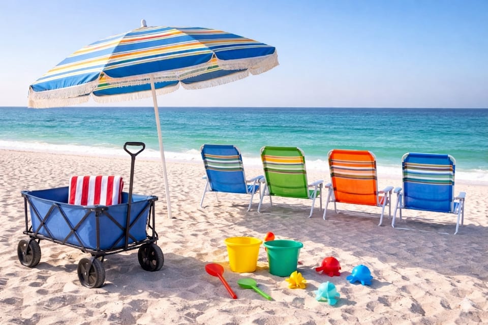 Everything you need for the perfect beach day—chairs in the shade, toys in the sand, and the ocean just steps away ☀️