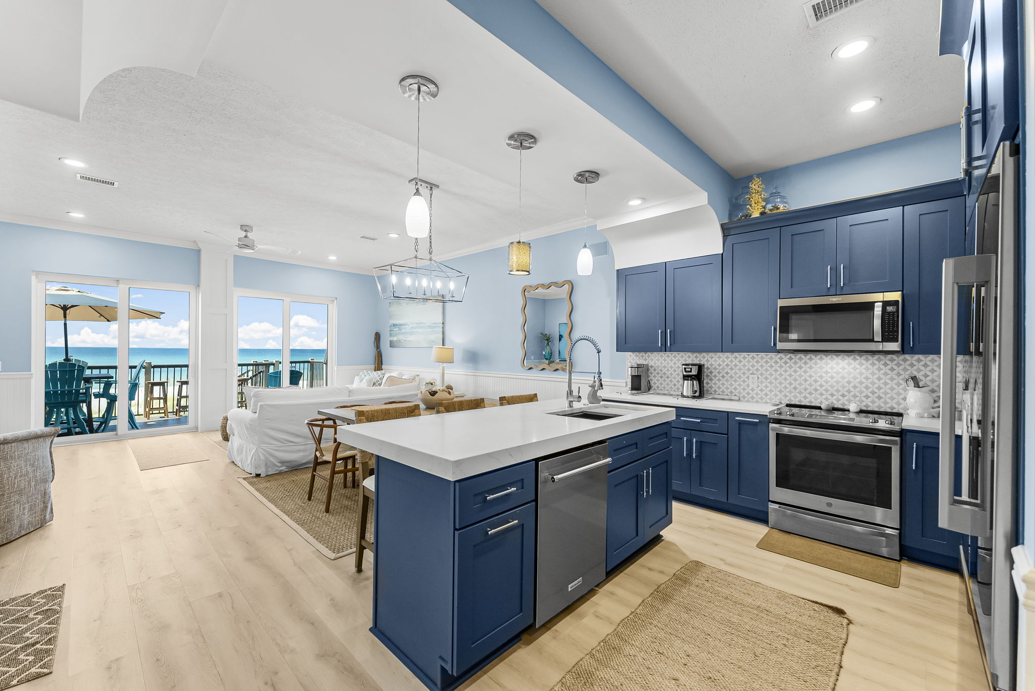 Fully equipped kitchen: granite counters, stainless appliances, plus a wine cooler/ice-maker & kitchenette. Dining room and breakfast bar seat 10 comfortably