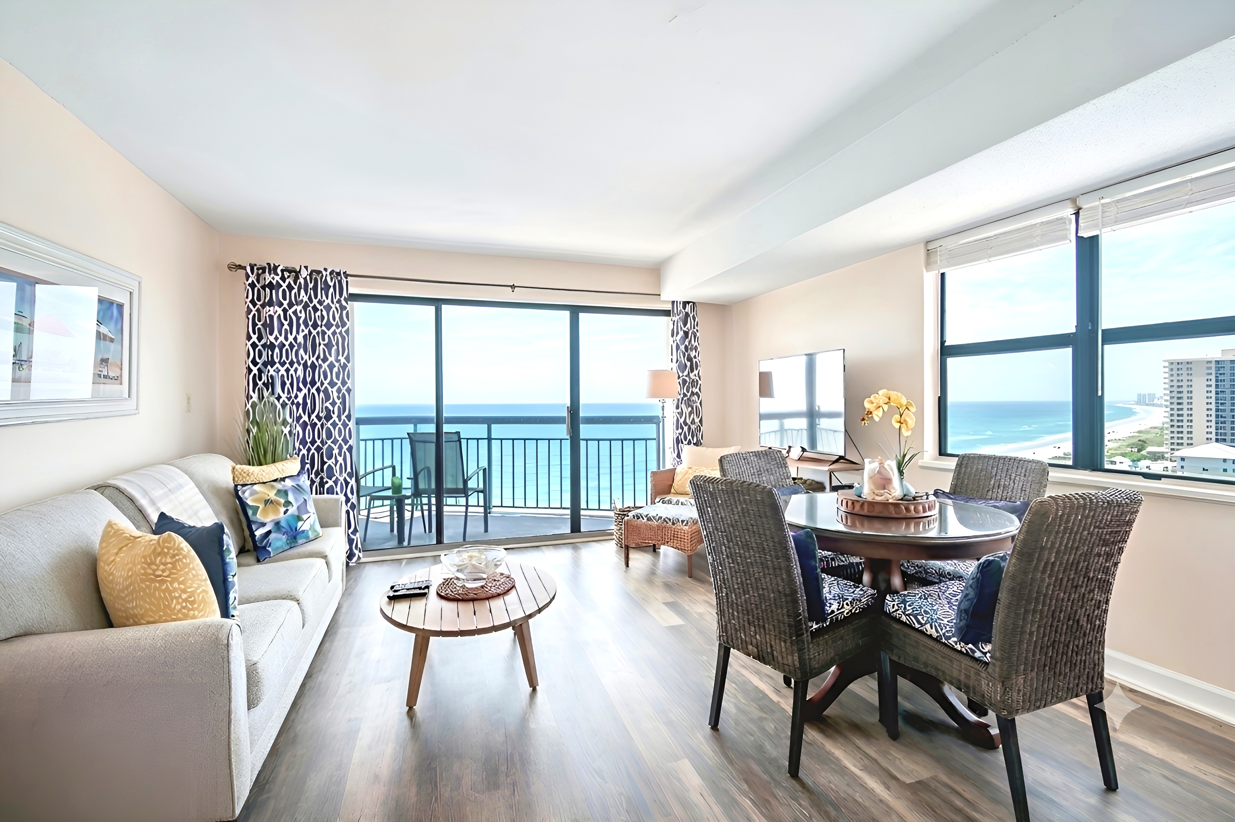 Large living room with gorgeous views beachfront and southern coastline for miles.