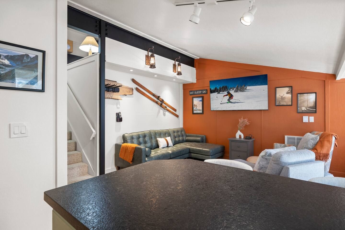 Large 65" TV. Can enjoy your shows/movies from the kitchen!
