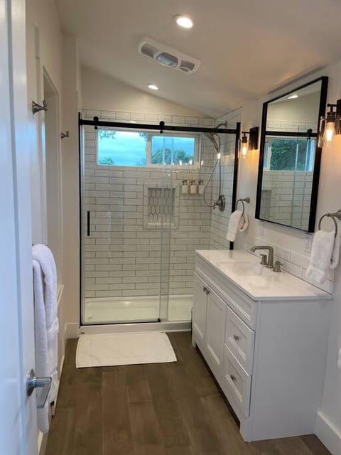 Large shower with beautiful tile and a view!