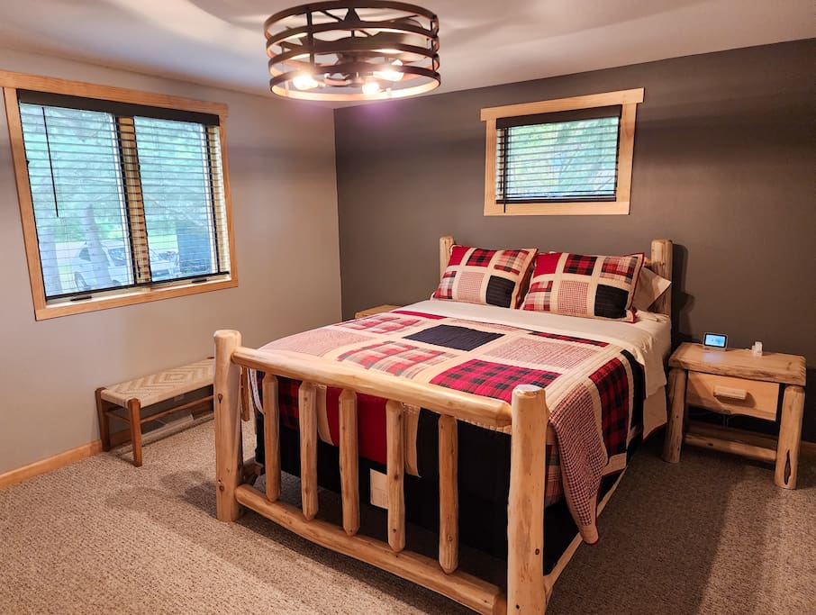 Main level bedroom with queen bed - Incredible Lakefront View at Loon Landing - Minocqua