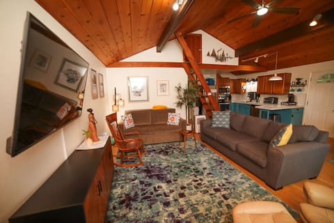 Living room with board games, propane fireplace and pull-out queen bed