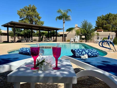 Sparkling pool is just steps away from front door.