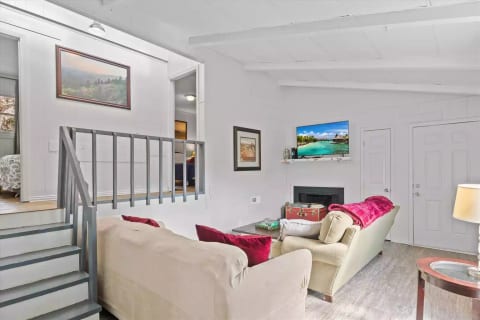 large living room with a big TV and 2 couches for comfy snuggling or spreading out