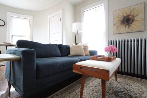 Sheers on living room windows for light and privacy