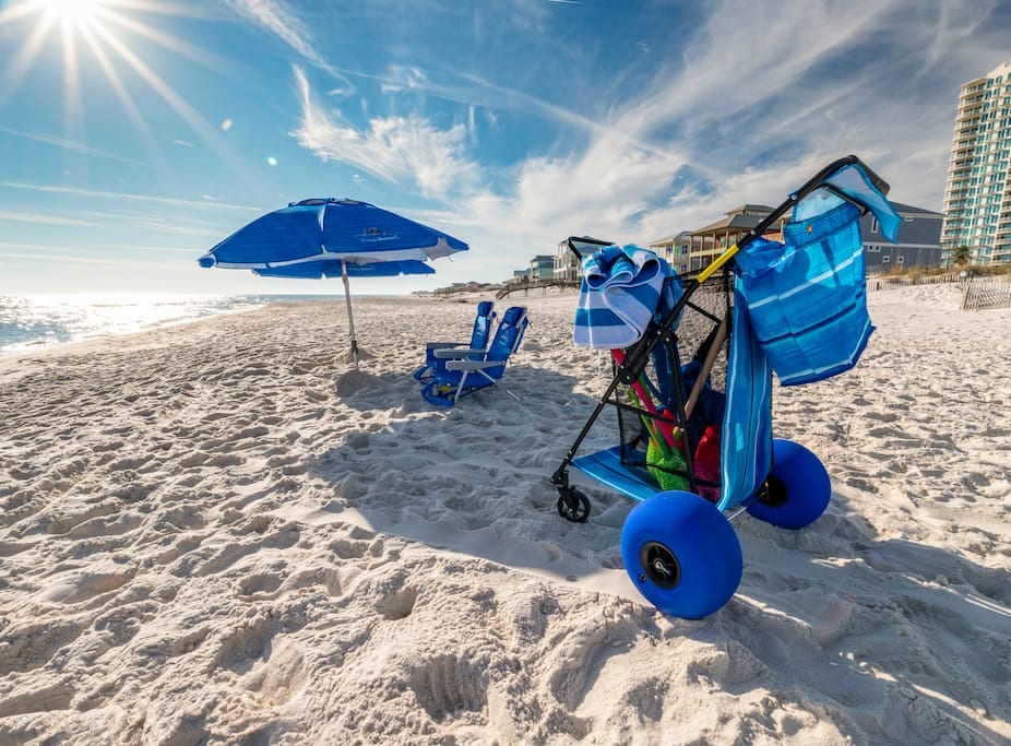 Beach access just a quick 3-minute walk away.  Beach cart, toys, towels, umbrellas and chairs are all included with your stay.