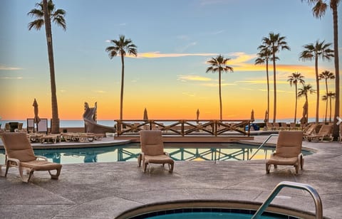 Pool area at sunset