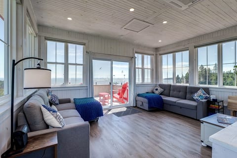 Both couches turn into beds. Bedding is located under the chaise lounger on each couch. Pull out the bed section of the couches for a more comfortable movie night.