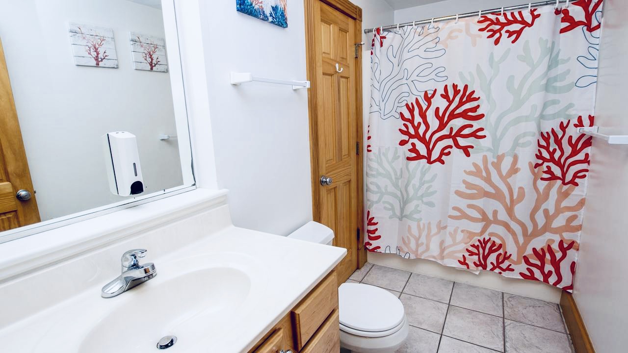 Bathroom with coral theme.