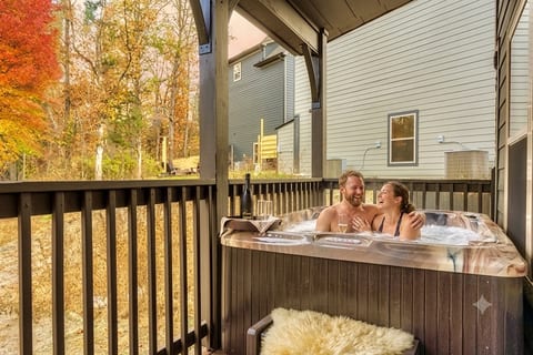 Soak in the brand-new hot tub after a day of adventure, where fresh mountain air, peaceful surroundings, and nature set the scene for total relaxation.