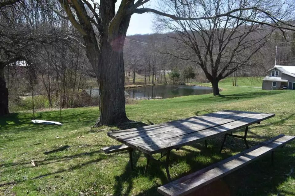 lovely outdoor spaces, picnic table just to the left of the bunkhouse offers a place for your picnic meals with a view!