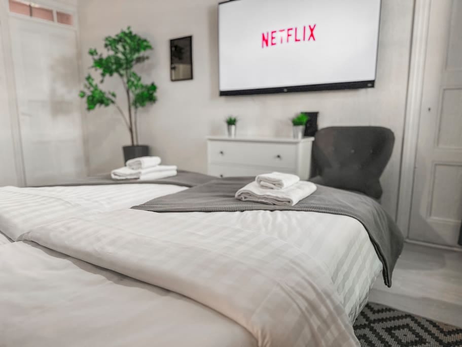 You'll enjoy a good night of sleep in soft IKEA Vesper beds, full satin sheets, XL pillows with satin covers.