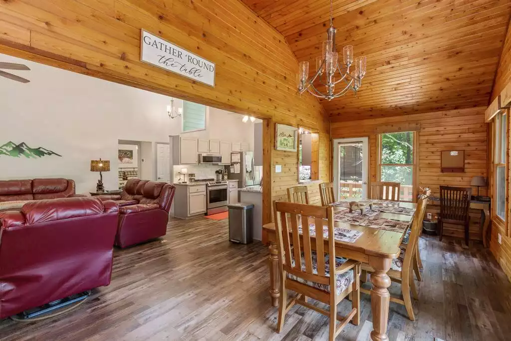 Open floor plan with desk in the corner for remote working.  Plenty of USB ports available. - Cabin/Close to ski slopes/Pet Friendly/King Beds - Maggie Valley