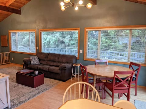 Living/dining area with lots of quiet and privacy due to trees in back yard