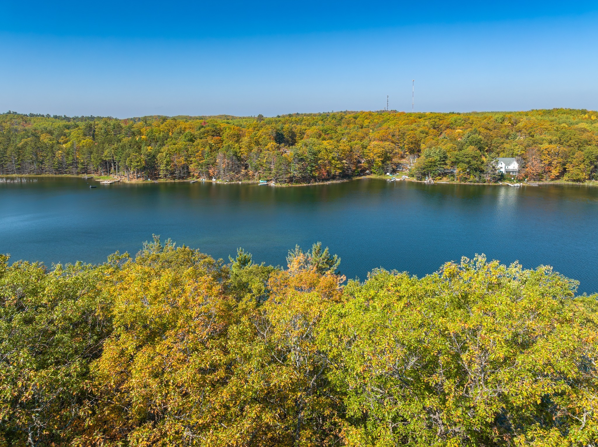 Aerial view of our shoreline & dock - Family & Dog Friendly Private Year Round Lakefront - Arbor Vitae