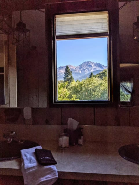 Twin sinks in the upstairs bathroom and this view when you step out of the shower...