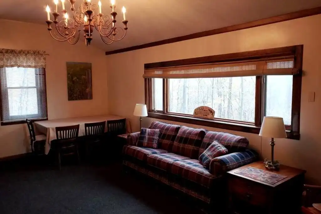 Rear living area / Dining Room.  Large panoramic window of forest and stream.  Pull out sofa. - Roaring Run Lodge - Champion