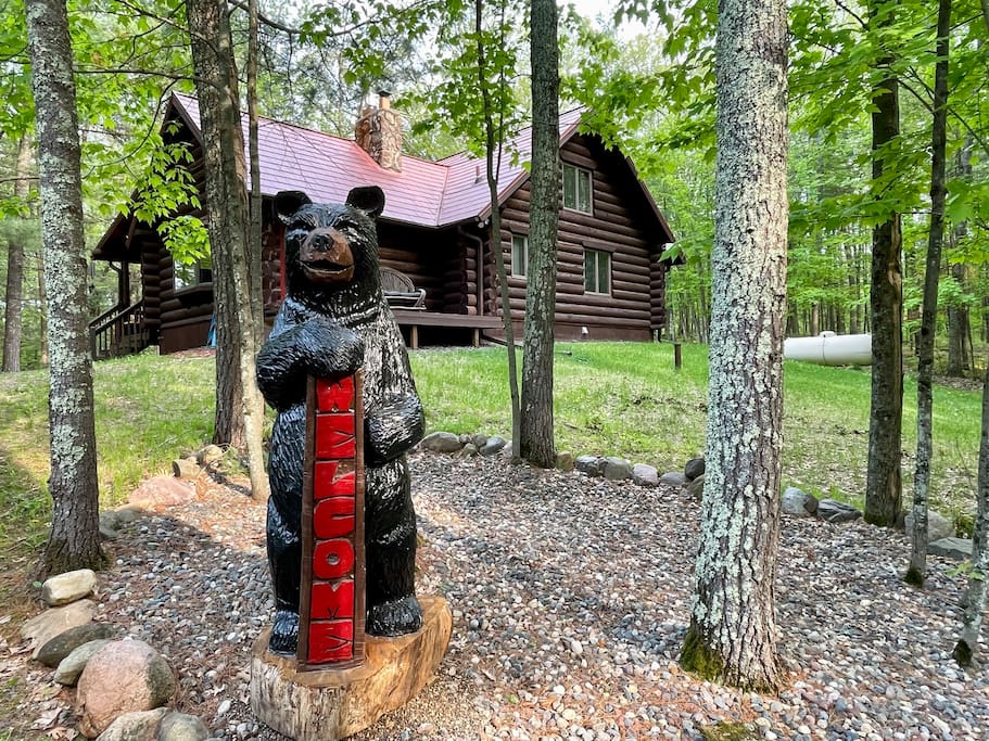 Wisco Bear, our maskot at all of our properties, visible from the driveway - Northwoods WI: ATV, lake, pool, golf, hike, ski - Danbury