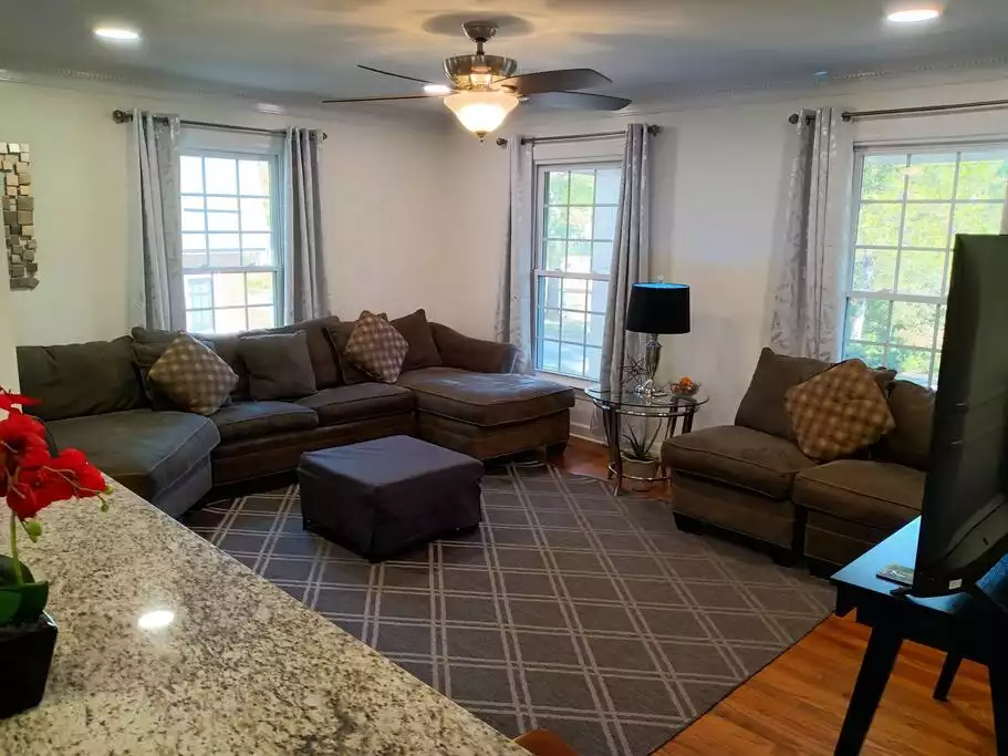 Open Living room is bright with eastern light.  Comfortable sectional sofas hide a twin sleeper bed. 50 inch Roku tv with streaming channels for your viewing entertainment. - Cheerful Family-Friendly Home: Ample Outdoor Space - Raleigh