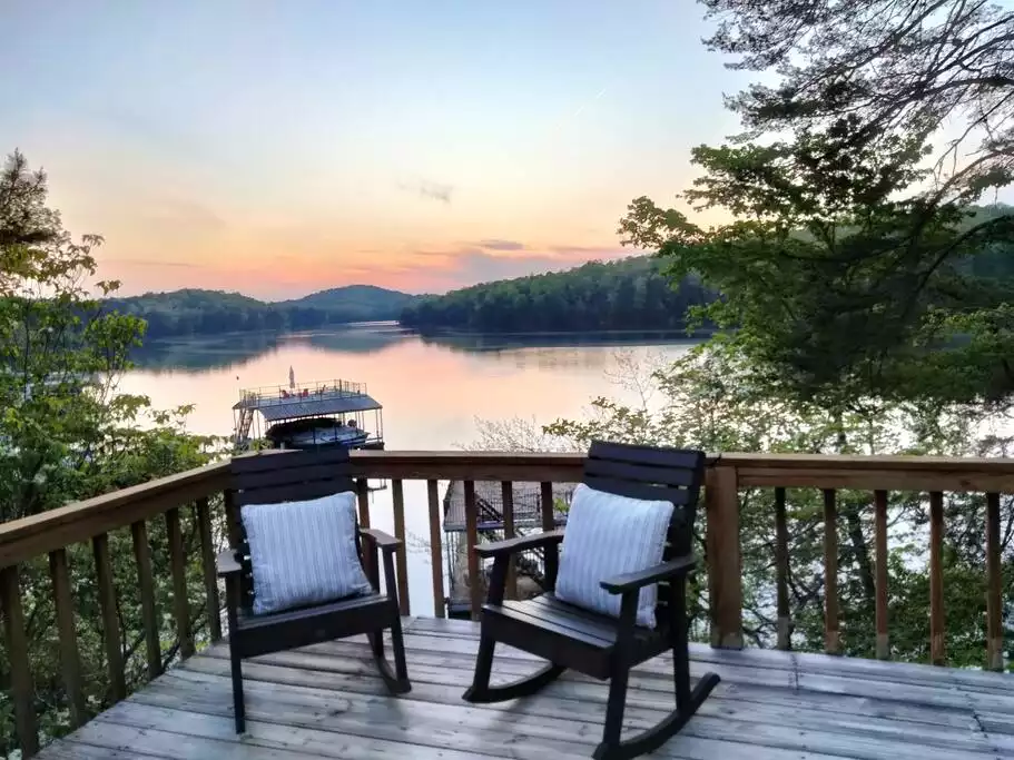 Watch kids on the dock from the rocking chairs deck rockers - Blue Ridge Lake Watersedge - Blue Ridge