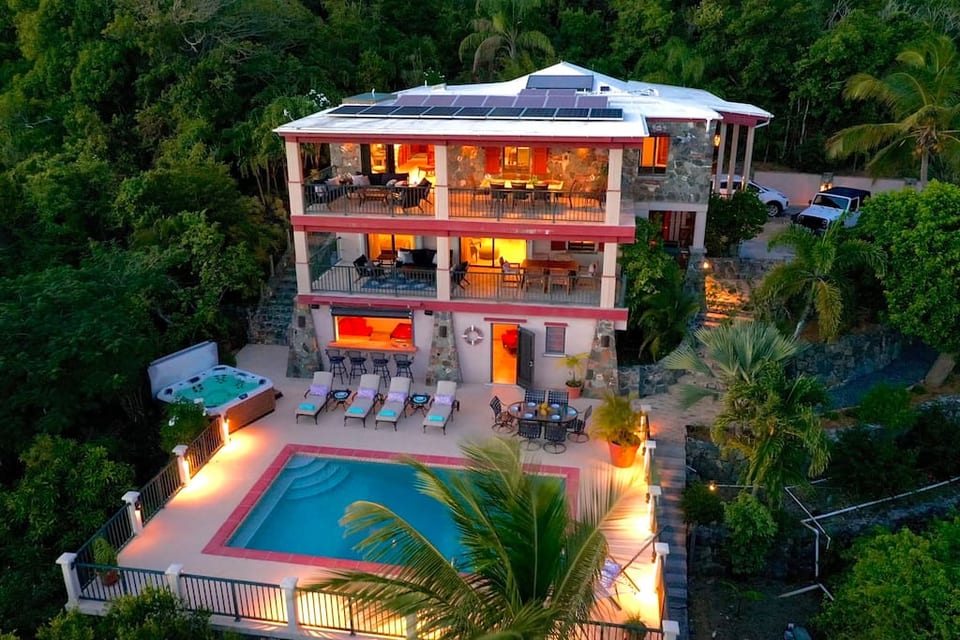 Privacy, gorgeous ocean views overlooking the harbour of Cruz Bay and the islands in Pillsbury Sound. Amazing 14 x 21 pool with steps, sitting ledge and deep end. Plenty of room for gatherings with friends and family or quiet time.