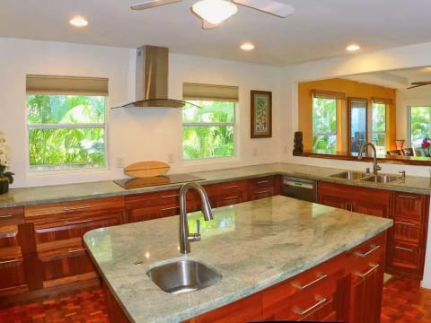 True chef's kitchen with 36" induction cooktop, double oven, and two sinks.