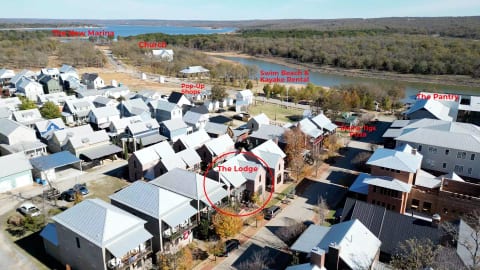 The Lodge is the middle house on the bottom of this picture. As you can see, the lake is steps away!