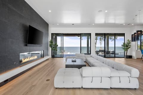 LIVING ROOM WITH LAKE VIEW, FIREPLACE, STATE OF THE ART TV