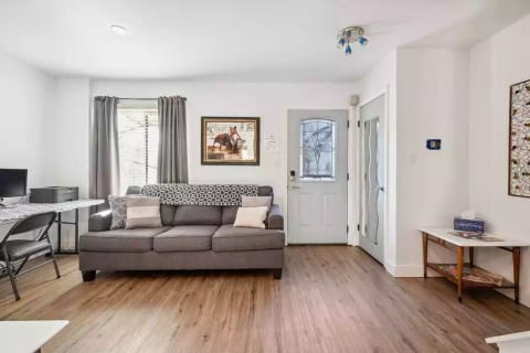 Full size pullout sofa in LR. Lots of natural light and open floorplan. Black out curtains for light sleepers.
