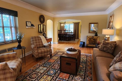 Spacious living room with fireplace.