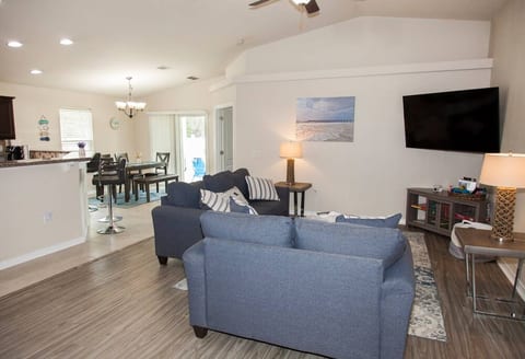 Another view of our cozy living and dining room