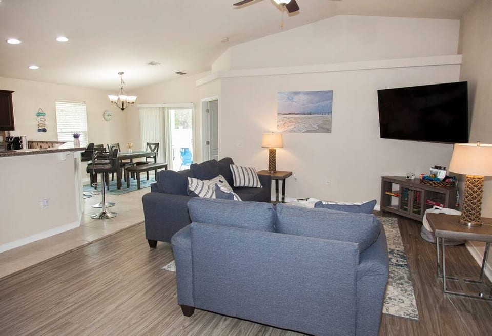 Another view of our cozy living and dining room