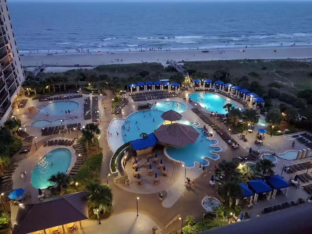 Evening view of pools & beach.  ? NBP - Cabana Azul - North Myrtle Beach