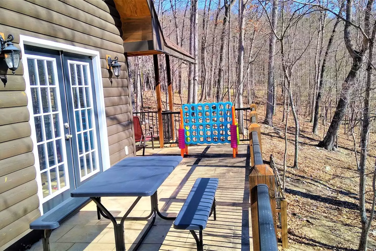 Wrap around balcony with picnic table, huge Connect-4 game and gas bbq grill. - Blue Pine Lodge - What a Mountain Cabin Should Be - McGaheysville