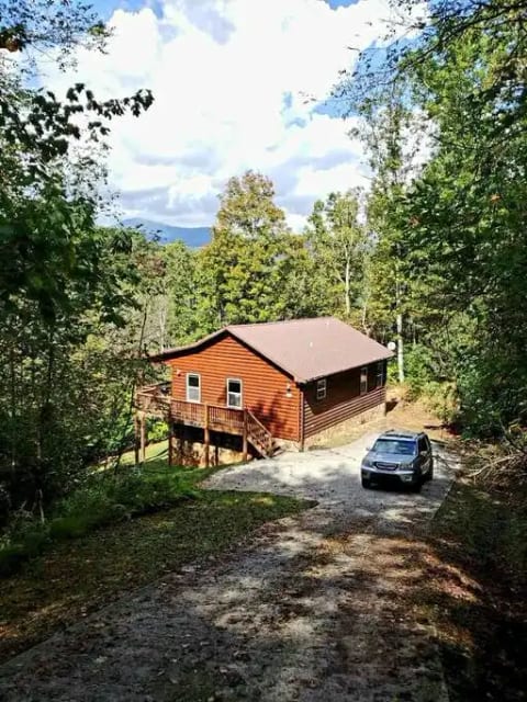 Our cabin! Driveway slopes down from road to cabin. Ample parking for 2 cars or turnaround area.