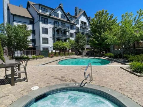 Heated year-round, the beautiful pool, hot tubs and sauna are just steps from Rising Bear Lodge.